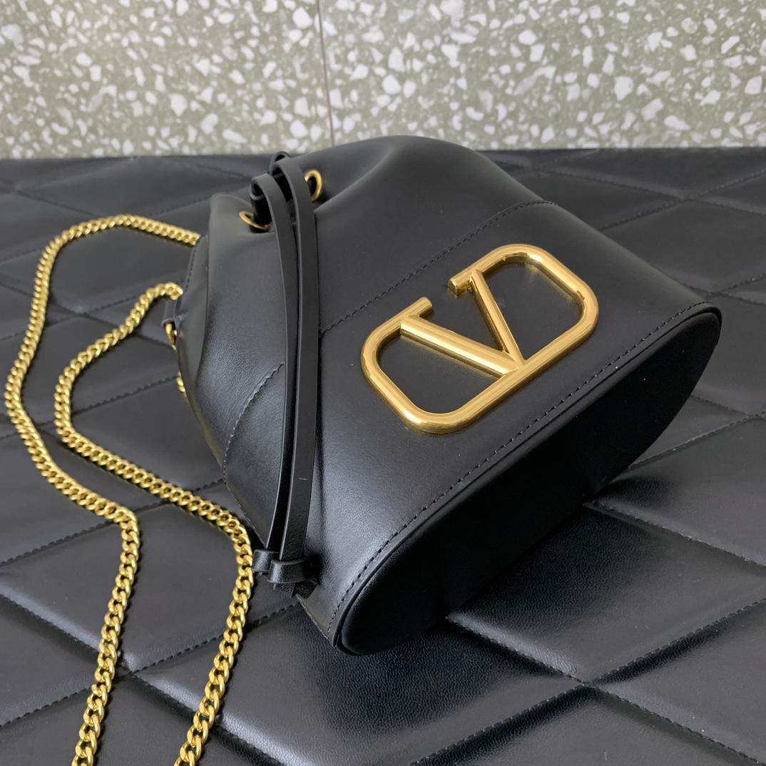 Valentino Garavani VLogo Signature Mini Bucket Bag in Black Nappa Leather 